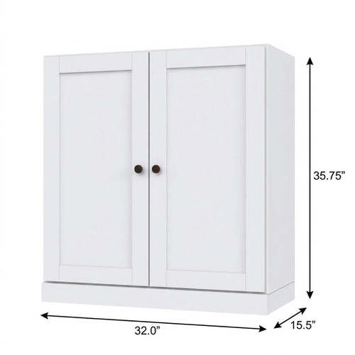 36" White Solid Wood Adjustable Three Tier Library Bookcase with Two Doors
