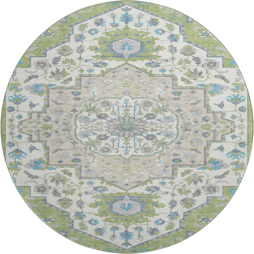 8' Artichoke Green Ivory And Blue Oriental Washable Round Rug With UV Protection