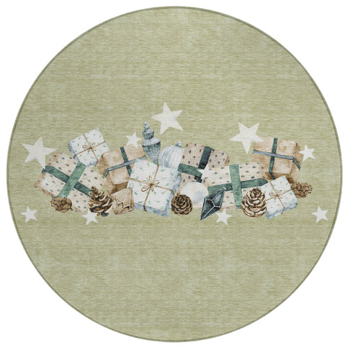 8' Artichoke Green Beige Ivory And Taupe Round Presents Washable Indoor Outdoor Area Rug