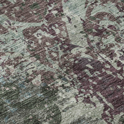 9' X 12' Fern Green Purple And Teal Damask Washable Area Rug With UV Protection