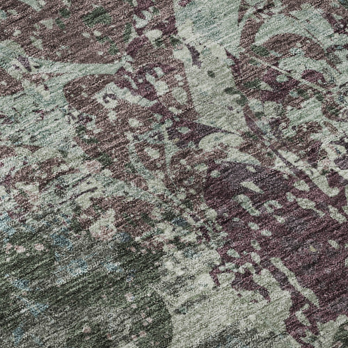 9' X 12' Fern Green Purple And Teal Damask Washable Area Rug With UV Protection