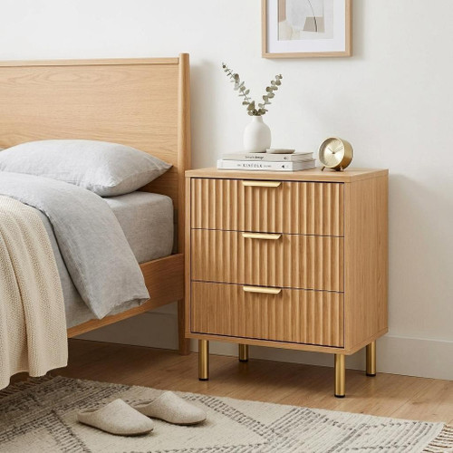 24" Oak Wood Ribbed Texture Three Drawer Nightstand