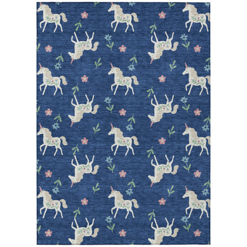 5' X 8' Navy Blue And Green Floral Washable Indoor Outdoor Area Rug