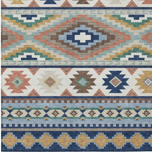 10' X 14' Navy Blue And Sky Blue Southwestern Washable Indoor Outdoor Area Rug