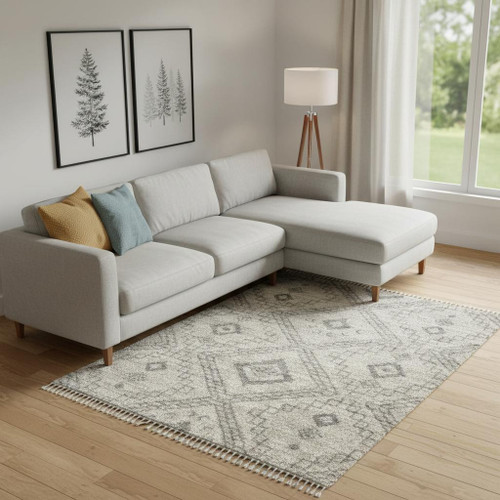 8' X 11' Ivory And Gray Geometric Shag Non Skid Area Rug