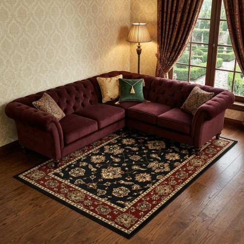 8' X 11' Black And Red Floral Area Rug