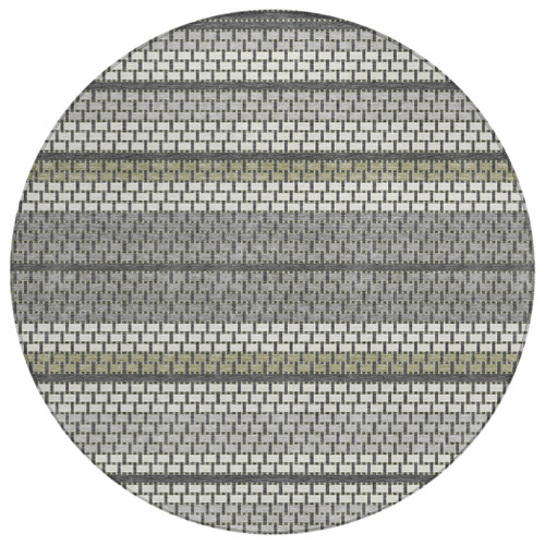 8' Gray Silver And Ivory Round Striped Washable Indoor Outdoor Area Rug
