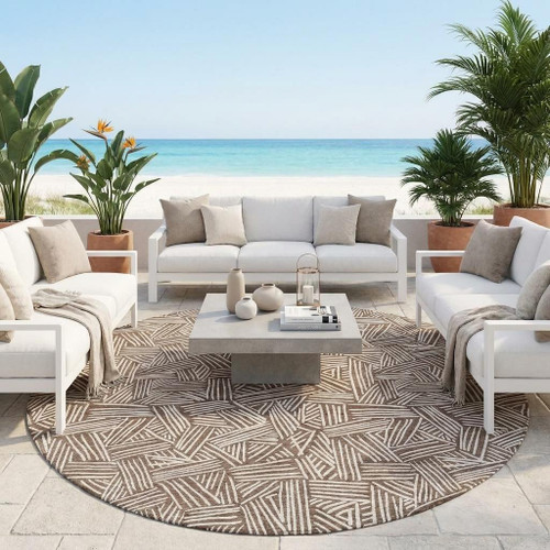 8' Chocolate And Ivory Round Geometric Washable Indoor Outdoor Area Rug