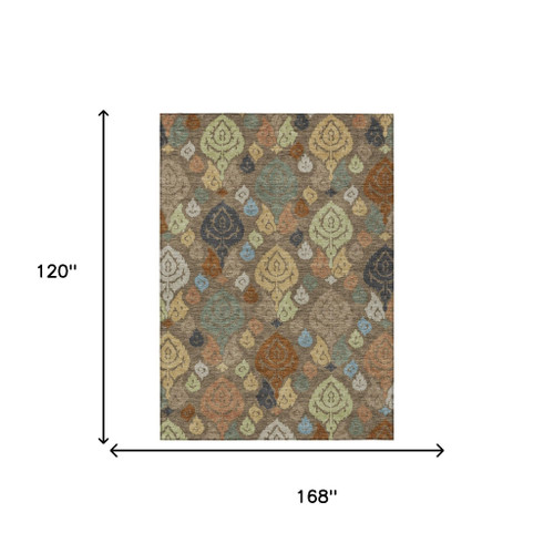 10' X 14' Chocolate And Charcoal Damask Washable Indoor Outdoor Area Rug
