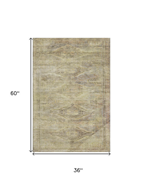3' X 5' Artichoke Green Gold And Beige Abstract Geometric Washable Area Rug With UV Protection