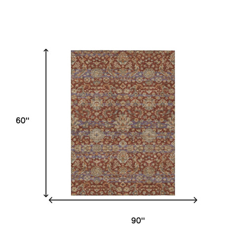 5' X 8' Burgundy And Orange Floral Medallion Washable Indoor Outdoor Area Rug