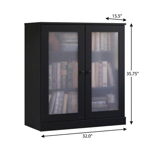 36" Black Solid Wood Adjustable Three Tier Library Bookcase with Two Doors