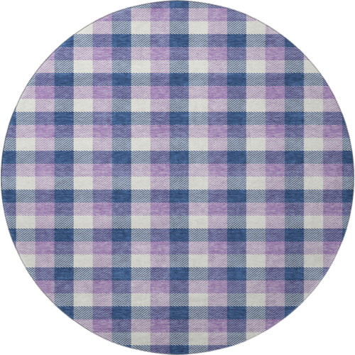 8' Navy Blue Ivory And Purple Plaid Washable Round Rug With UV Protection