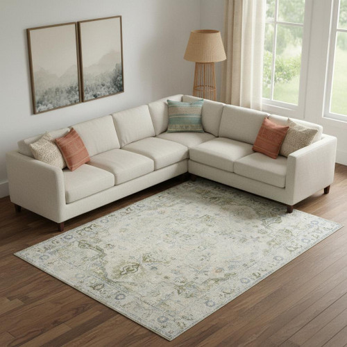 7' X 9' Light Sky Blue Floral Power Loom Distressed Area Rug
