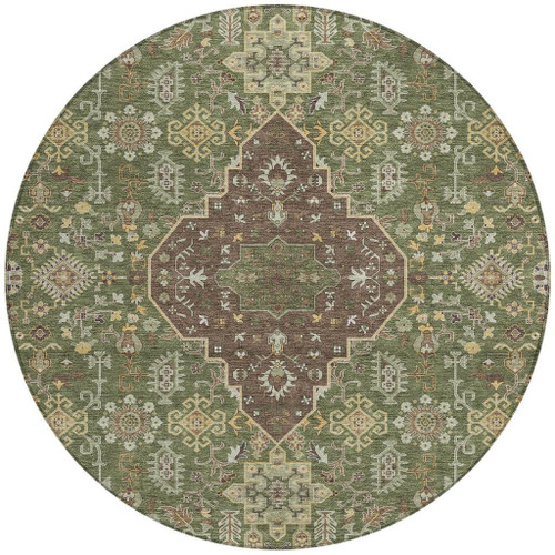 8' Olive Green And Gray Round Medallion Washable Indoor Outdoor Area Rug