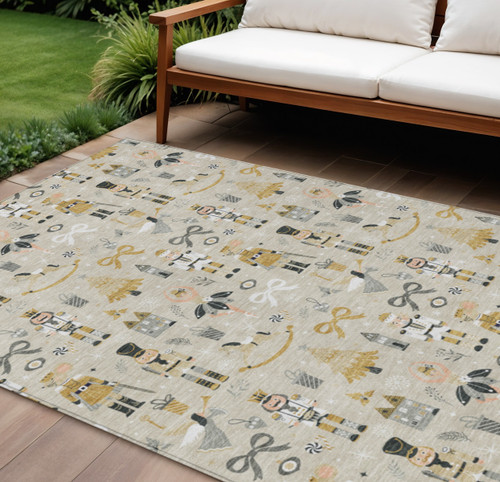 10' X 14' Beige Gold Black And Gray Nutcracker Washable Indoor Outdoor Area Rug