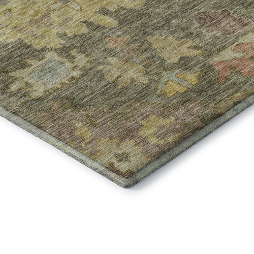3' X 5' Artichoke Green Gold And Gray Floral Washable Area Rug With UV Protection