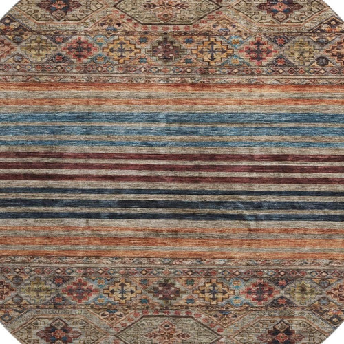 8' Taupe Brown And Blue Striped Washable Round Rug With UV Protection