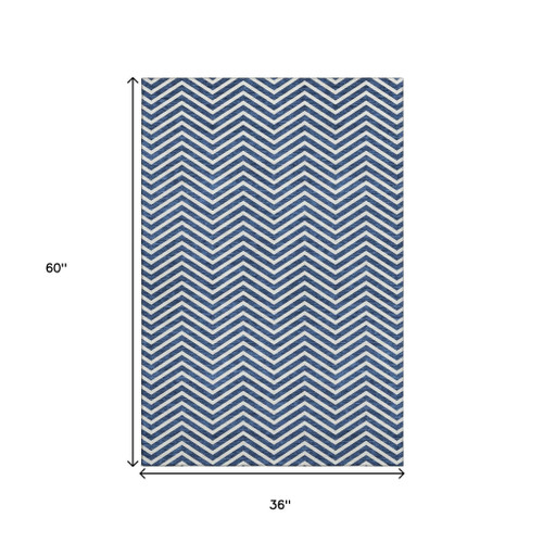 3' X 5' Blue And Ivory Chevron Washable Area Rug With UV Protection