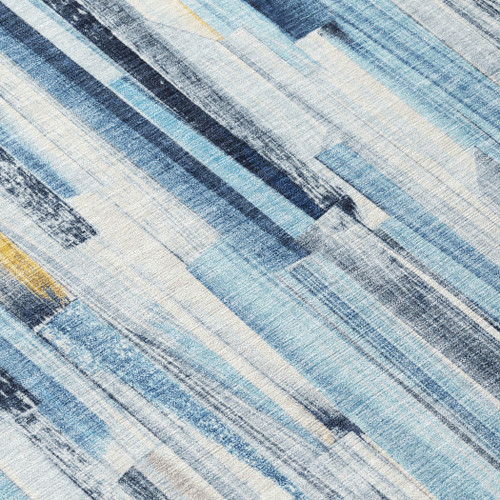 9' X 12' Denim Blue And Ivory Striped Washable Indoor Outdoor Area Rug