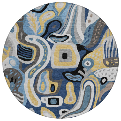 8' Blue And Navy Blue Round Abstract Washable Indoor Outdoor Area Rug