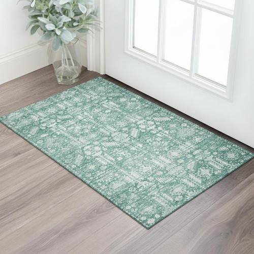 3' X 5' Teal And Ivory Oriental Washable Area Rug With UV Protection