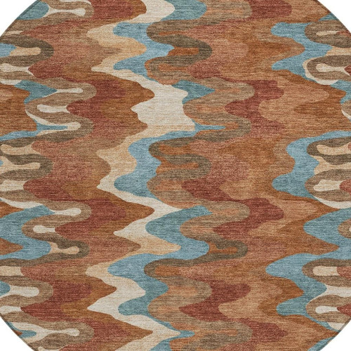8' Orange And Teal Blue Round Abstract Washable Indoor Outdoor Area Rug