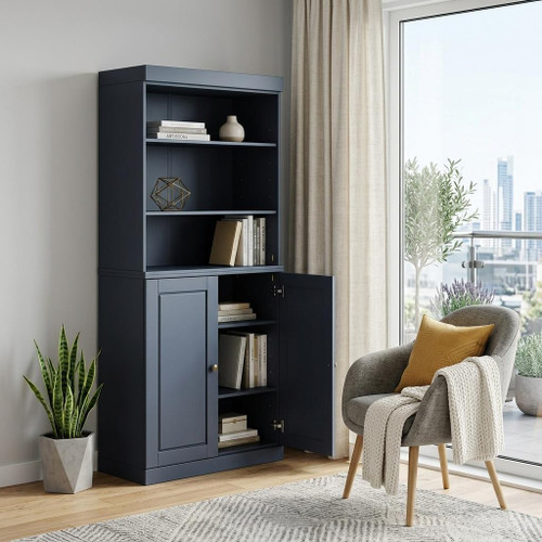 72" French Blue Solid Wood Adjustable Six Tier Library Bookcase with Two Doors