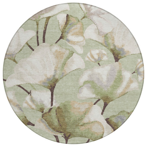8' Lime Green Ivory And Beige Round Botanical Leaves Washable Indoor Outdoor Area Rug