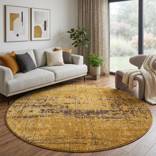 10' Gold And White Abstract Washable Round Rug With UV Protection