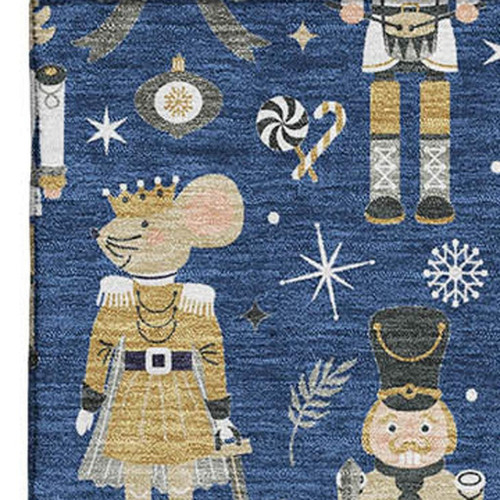 3' X 5' Navy Blue Gold And Gray Floral Washable Area Rug With UV Protection