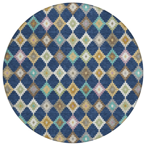 8' Navy Blue And Chocolate Round Aztec Washable Indoor Outdoor Area Rug