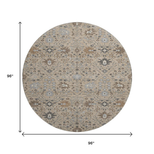 8' Taupe Gray And Brown Oriental Washable Round Rug With UV Protection