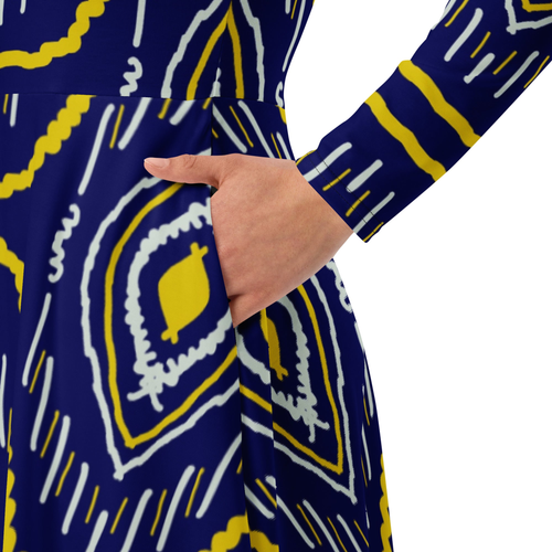 Blue and Yellow African Print Long Sleeve Midi Dress