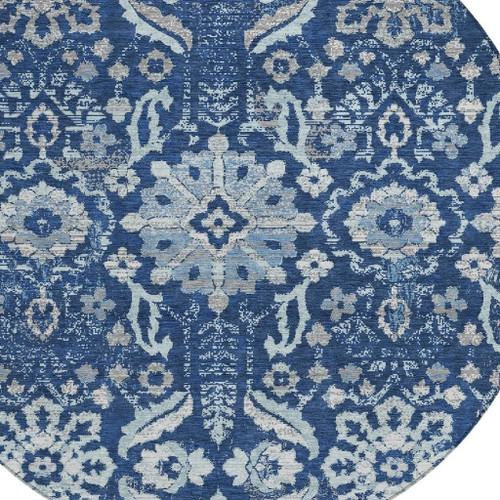 8' Navy Blue And Blue Round Damask Washable Indoor Outdoor Area Rug