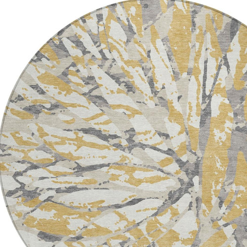 8' Gold And Ivory Round Abstract Washable Indoor Outdoor Area Rug