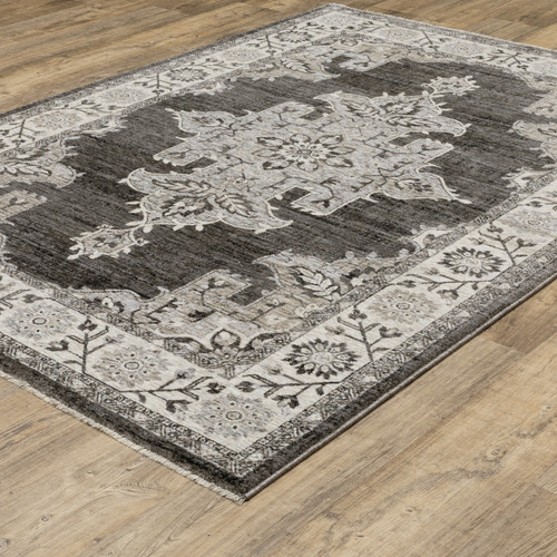 7' X 10' Gray And Beige Medallion Area Rug With Fringe