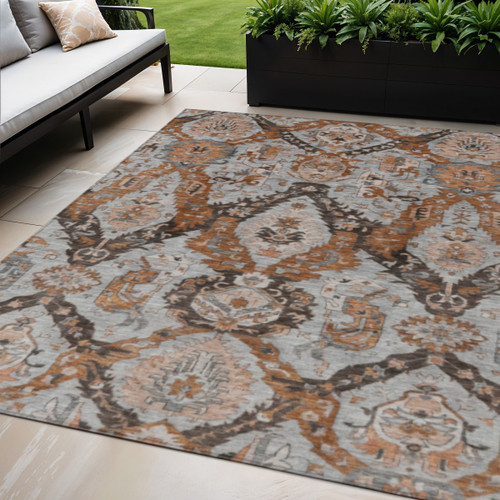 5' X 8' Rust And Gray Damask Washable Indoor Outdoor Area Rug