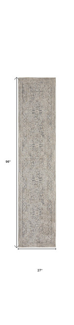 8' Ivory And Gray Medallion Distressed Runner Rug With Fringe