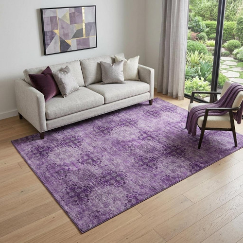 5' X 8' Eggplant And Ivory Floral Medallion Distressed Washable Area Rug With UV Protection