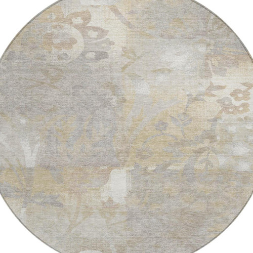 8' Ivory And Silver Round Botanical Leaves Washable Indoor Outdoor Area Rug