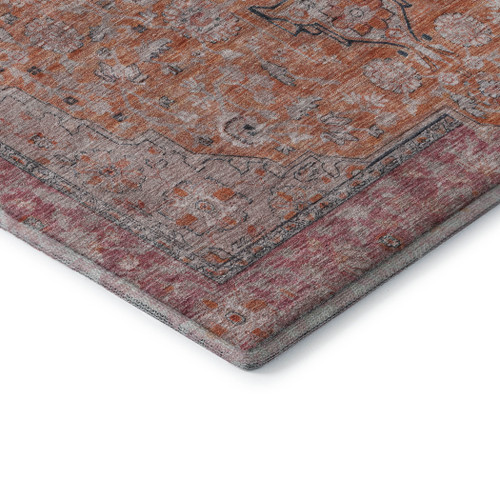 8' Orange Red And Gray Floral Medallion Washable Round Rug With UV Protection