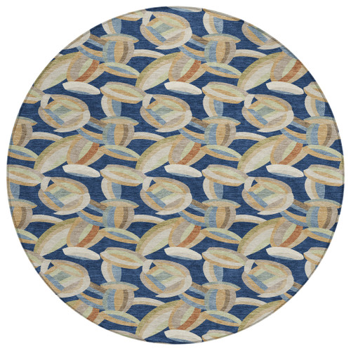 8' Navy Blue And Ivory Round Abstract Washable Indoor Outdoor Area Rug