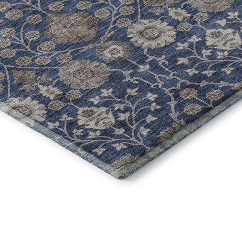 5' X 8' Navy Blue Brown And Beige Floral Washable Area Rug With UV Protection