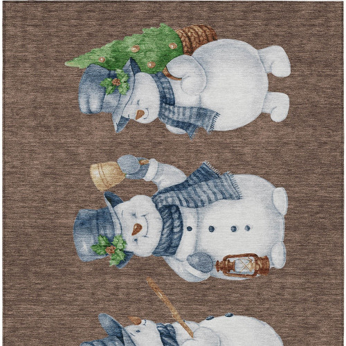8' X 10' Brown Denim Blue And Ivory Snowmen Washable Indoor Outdoor Area Rug