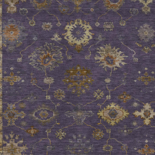 9' X 12' Eggplant And Gold Floral Washable Indoor Outdoor Area Rug