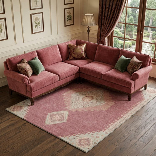 9' X 12' Blush Gray And Pink Oriental Washable Area Rug With UV Protection