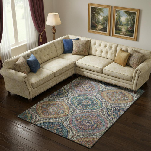 10' X 14' Blue Copper And Fern Green Floral Washable Area Rug With UV Protection
