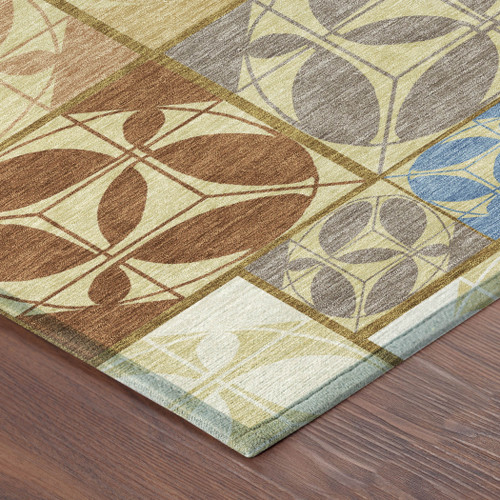 8' Wheat And Gold Round Geometric Washable Indoor Outdoor Area Rug