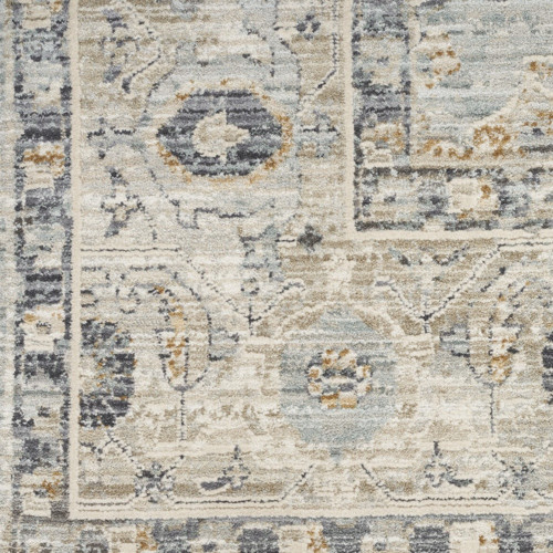 10' Ivory Tan And Light Blue Floral Medallion Distressed Runner Rug With Fringe